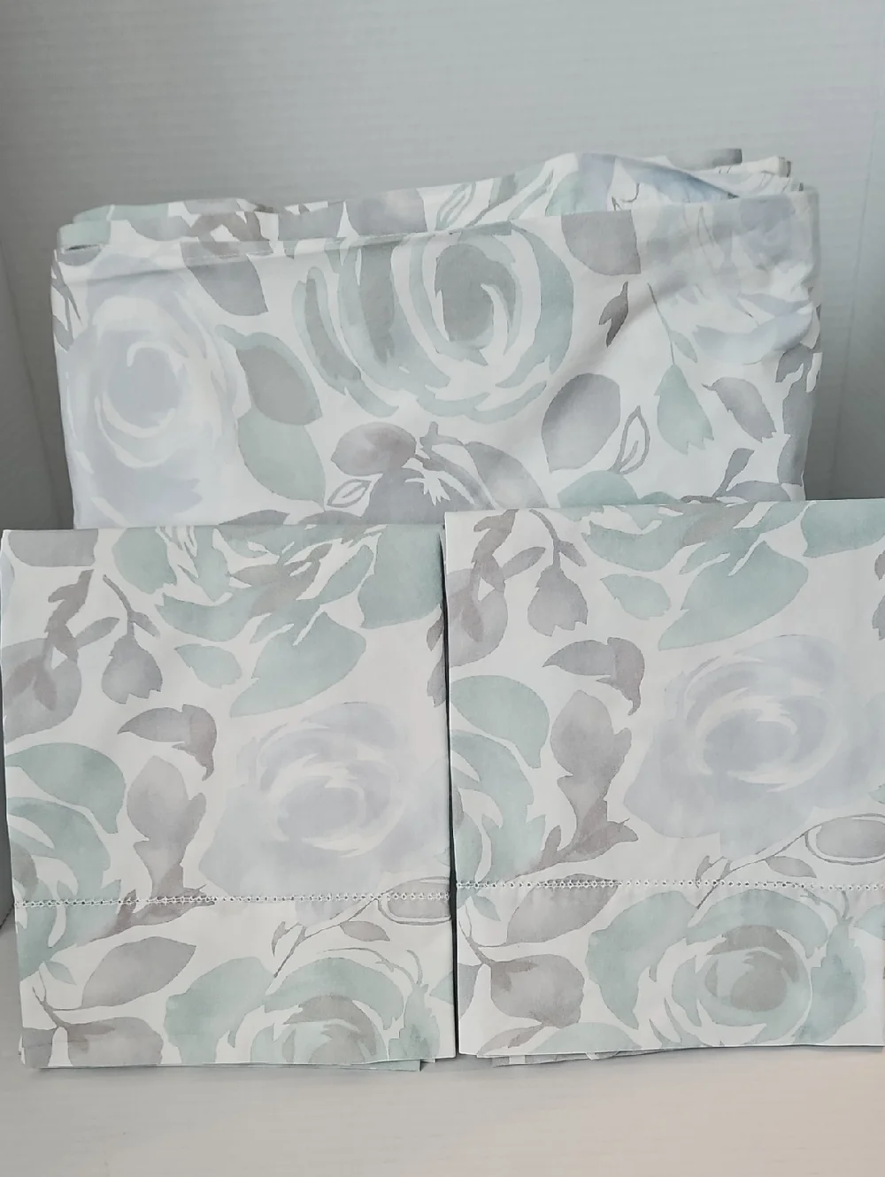 Garnet Hill Mint Green Gray Floral Watercolor Cotton King Duvet Pillowcases Set